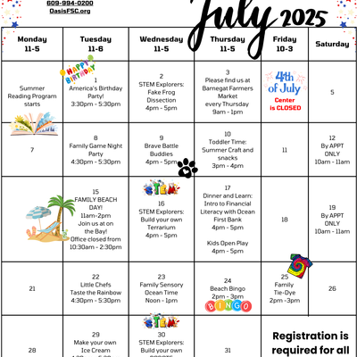 Oasis Family Success Center July Calendar